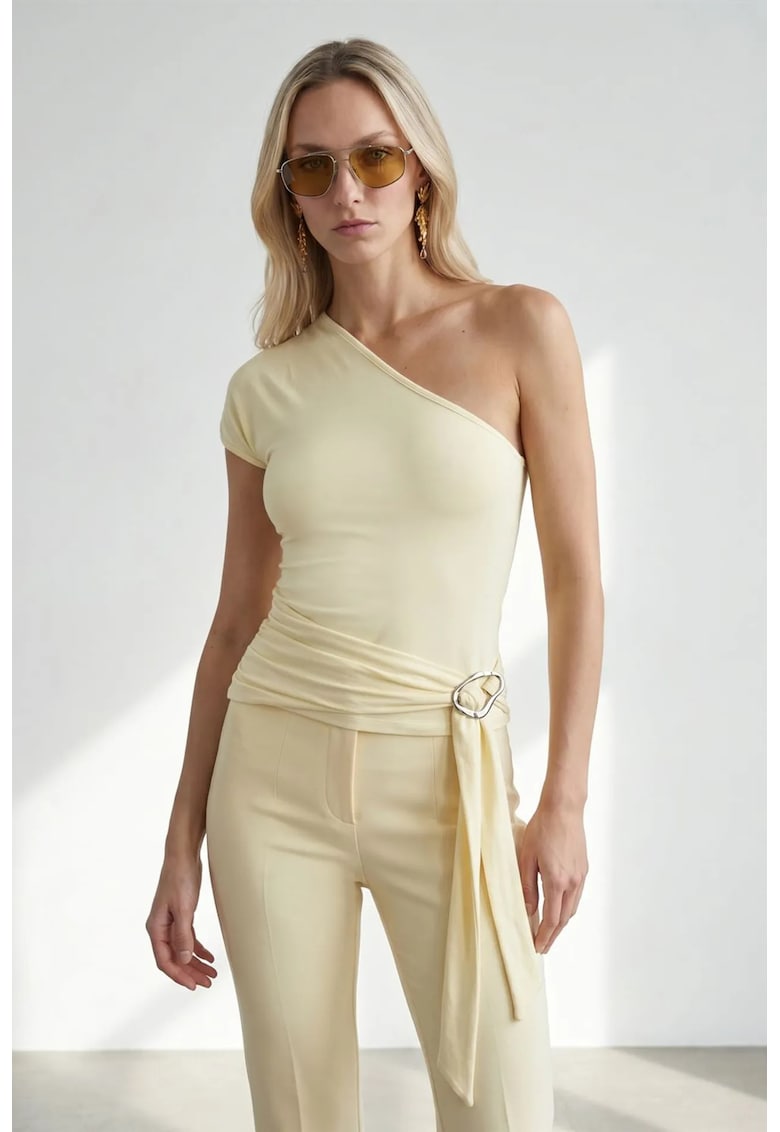 Bluza dama - slim fit - asimetric - galben lamaie - lyocell-bumbac-elastan
