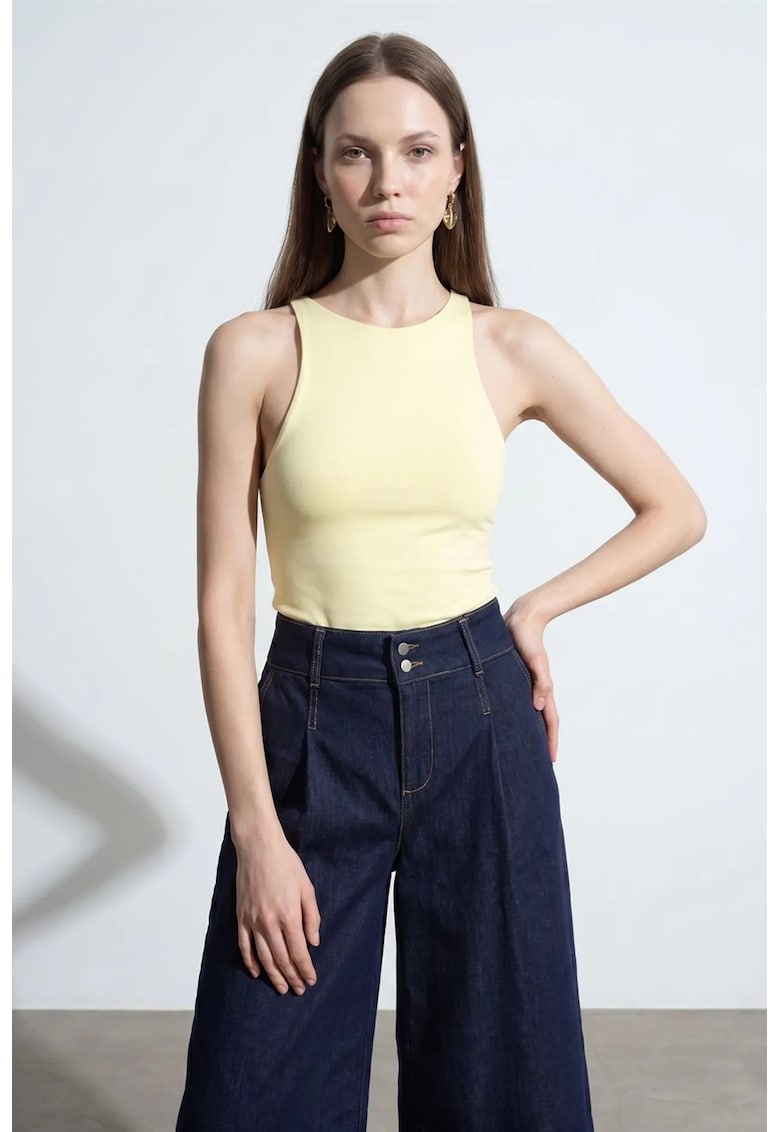 Body din jerseu casual - guler halter - galben lamaie - 93% nailon - 7% elastan