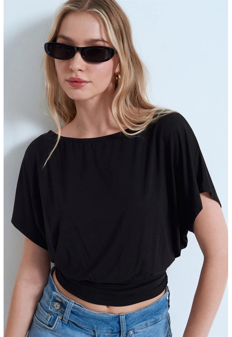 Bluza dama negru - amestec modal - decupaj - maneca scurta