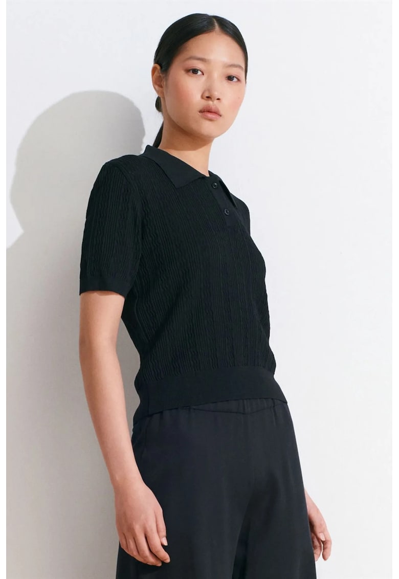 Bluza dama - polo - dantela texturata - negru - poliester - poliamida - viscoza -