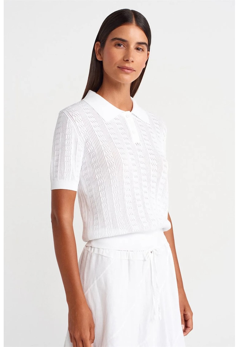 Bluza dama - polo tricotata - dantela texturata - alb - casual -