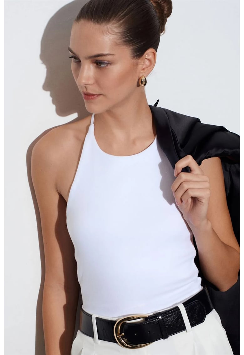 Bluza dama - Bluza Slim Fit Halterneck - Alb - 95% bumbac - elastic