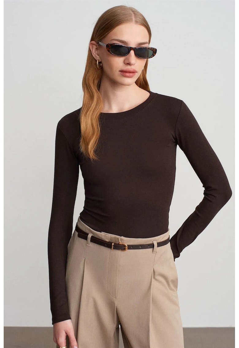 Body din jerseu slim fit - maneca lunga - maro cafea - bumbac/modal/elastan