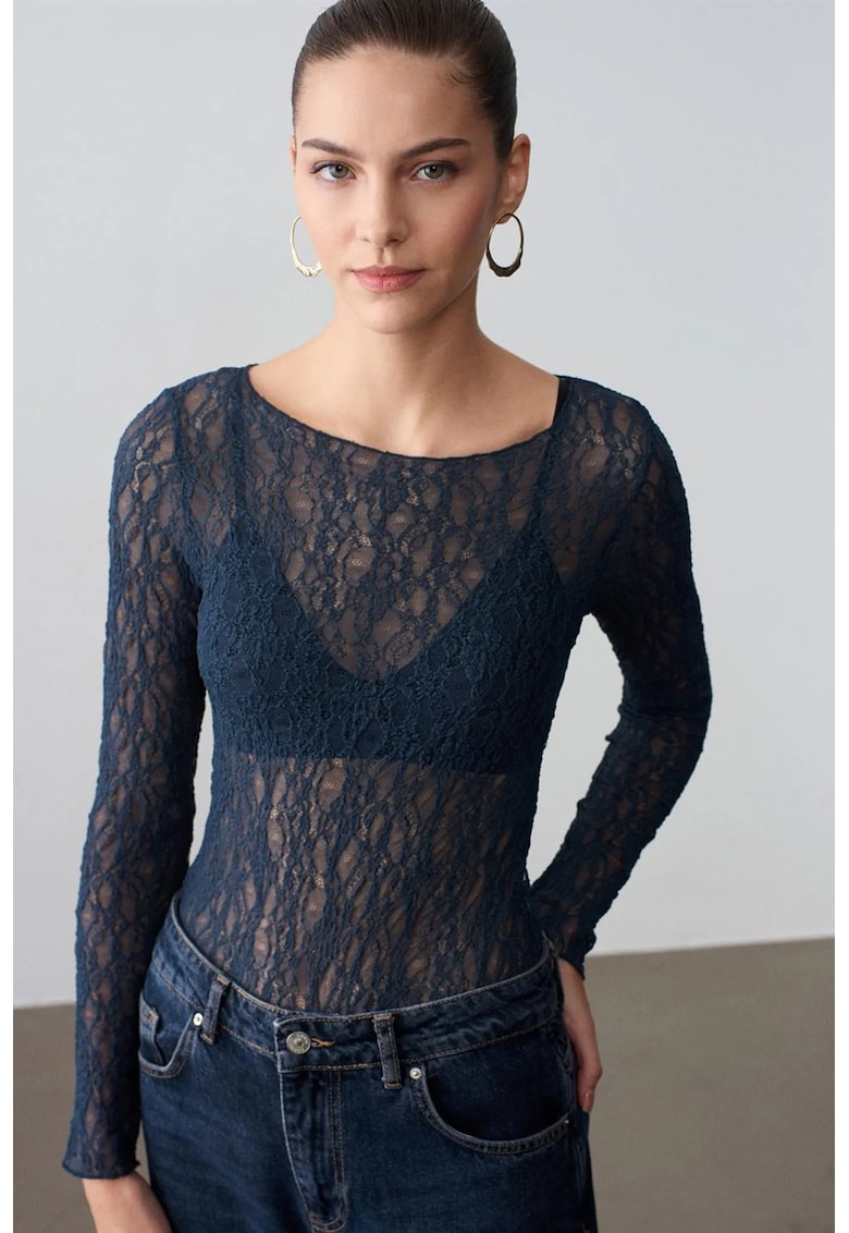 Bluza dama - Bluza Slim Fit cu Dantela - Albastru Marin - Elegant - Maneca lunga