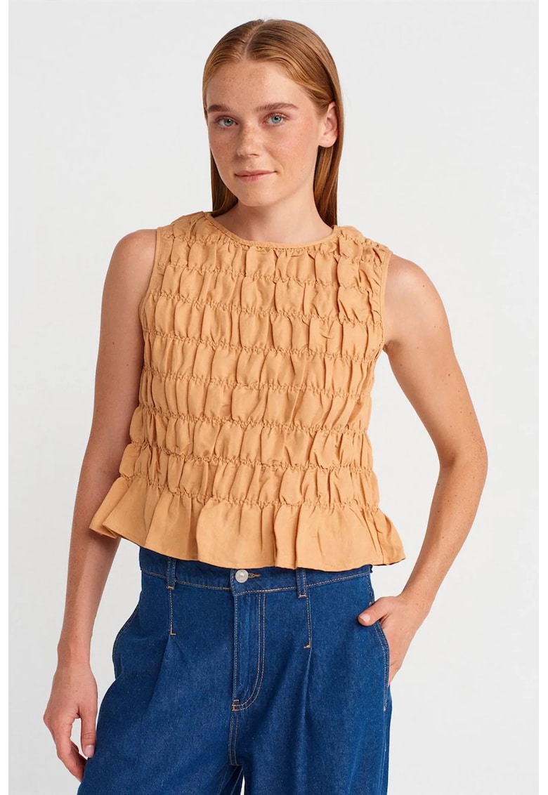 Bluza scurta dama casual - maro camel - amestec viscoza-bumbac-in - fara maneci