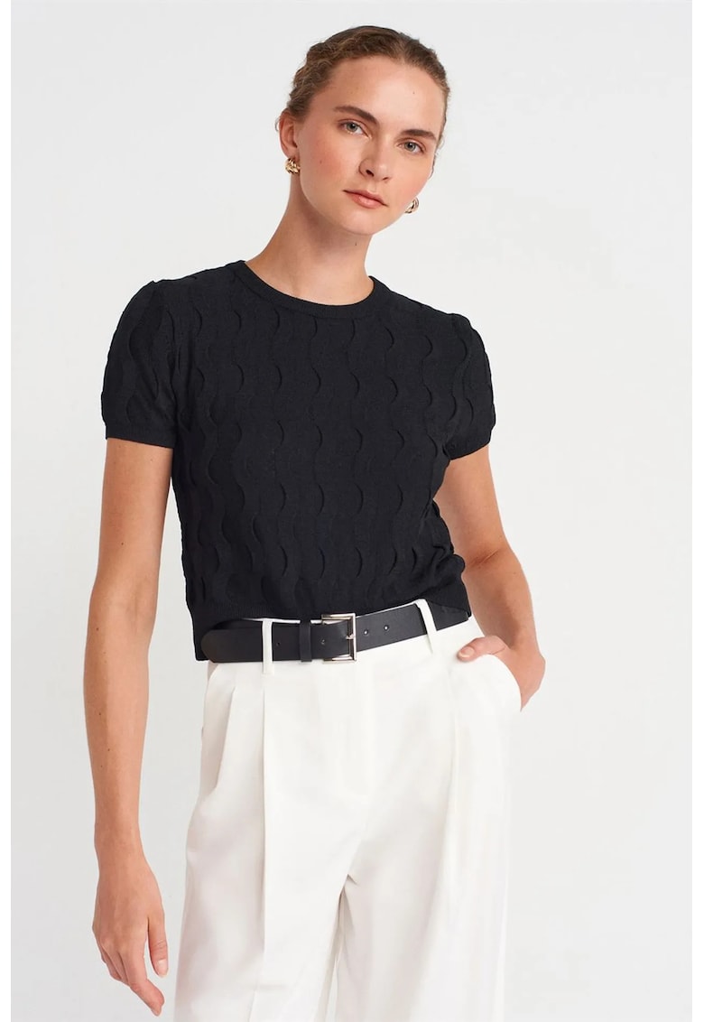 Bluza crop neagra - tricot texturat - maneci scurte - stil casual -