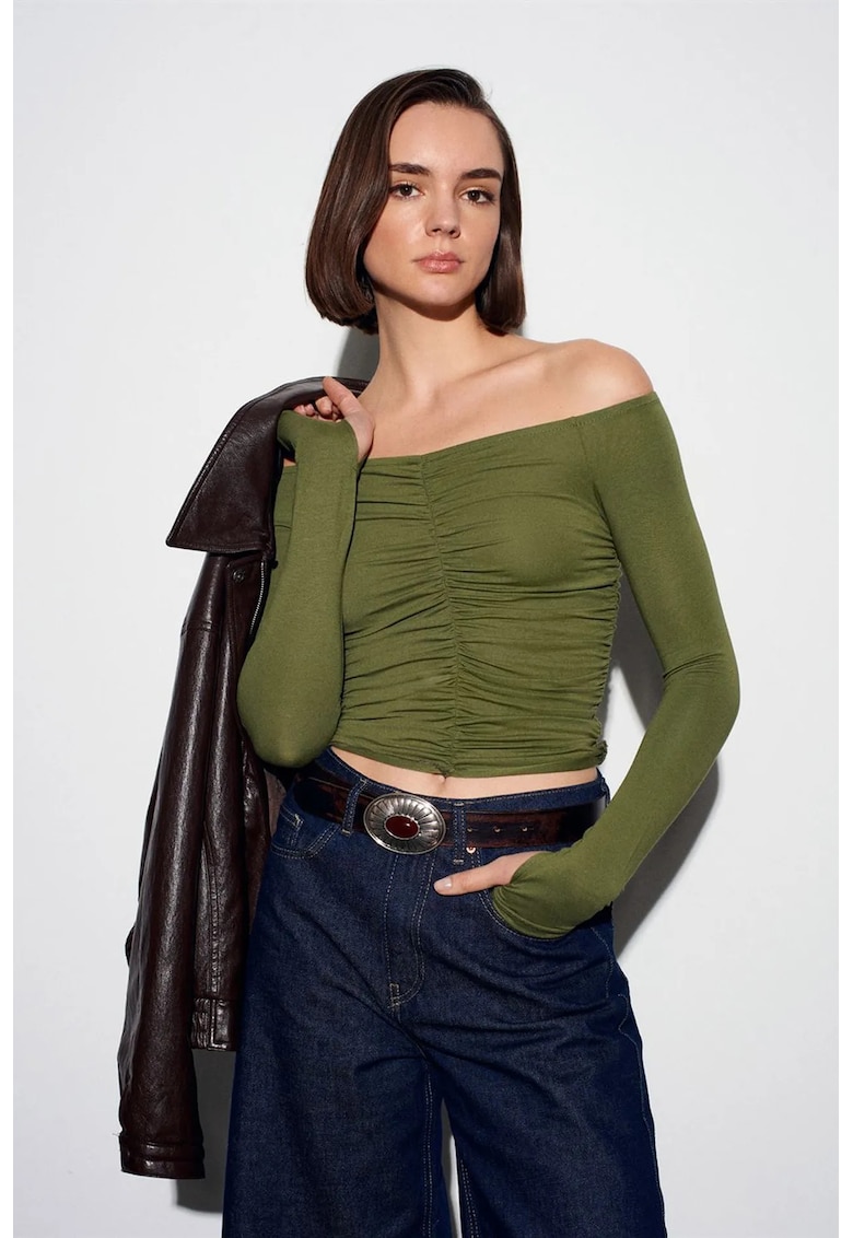 Bluza Crop Top Elegant - Maneci lungi - Verde Kaki - Tricot subtire
