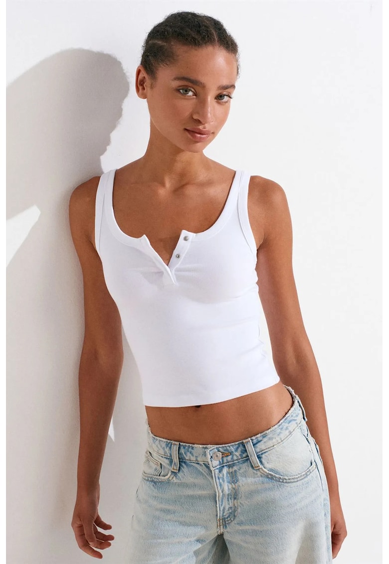 Bluze dama - Bluza Cami Crop Rebrata - Alb - bumbac/modal/elastan