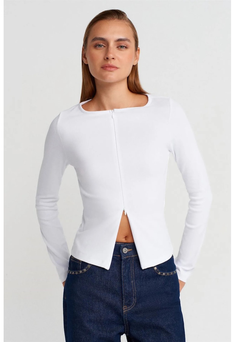 Bluza dama - Bluza Slim Fit cu fermoar - Alb - bumbac-elastan