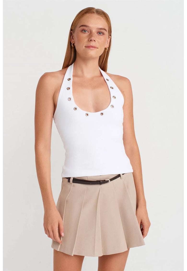 Bluza dama - crop - halterneck - detalii din piatra - alb - tricot bumbac-elastan