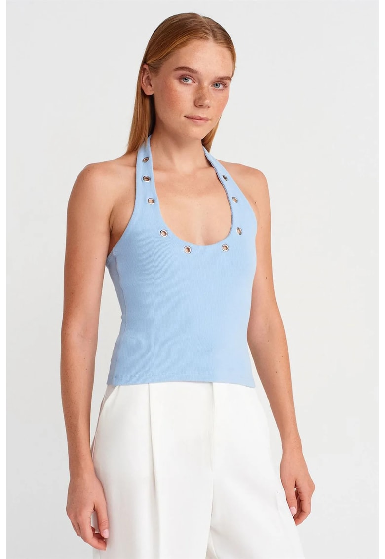 Bluza dama - crop - halterneck - detaliu din piatra - Albastru deschis - tricot bumbac-elastan