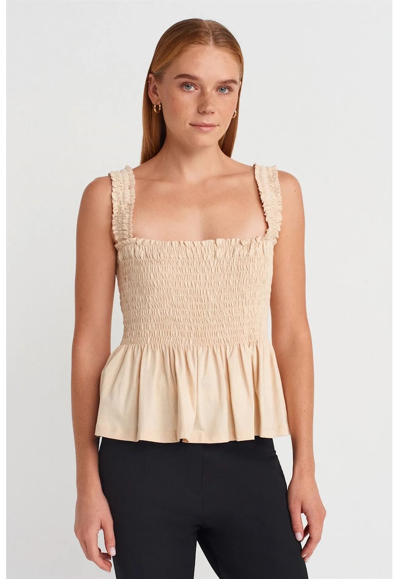 Bluza dama - fara maneci - volanase - bej natural - bumbac si modal