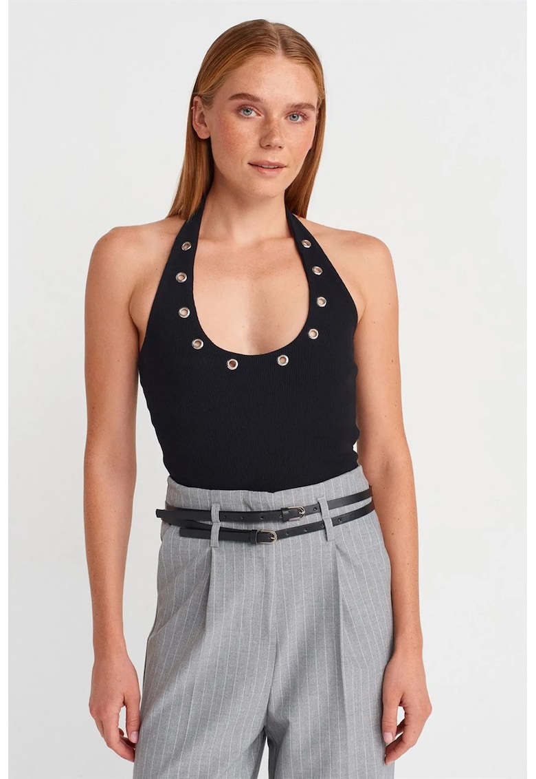 Bluza dama - crop halterneck - elasticitate - negru - tricot bumbac-elastan
