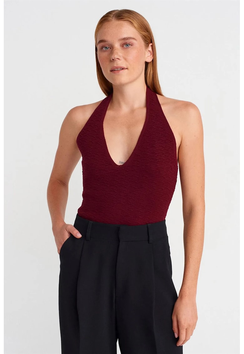 Bluza dama - tricotata - halterneck - visiniu - acrilic si poliester -