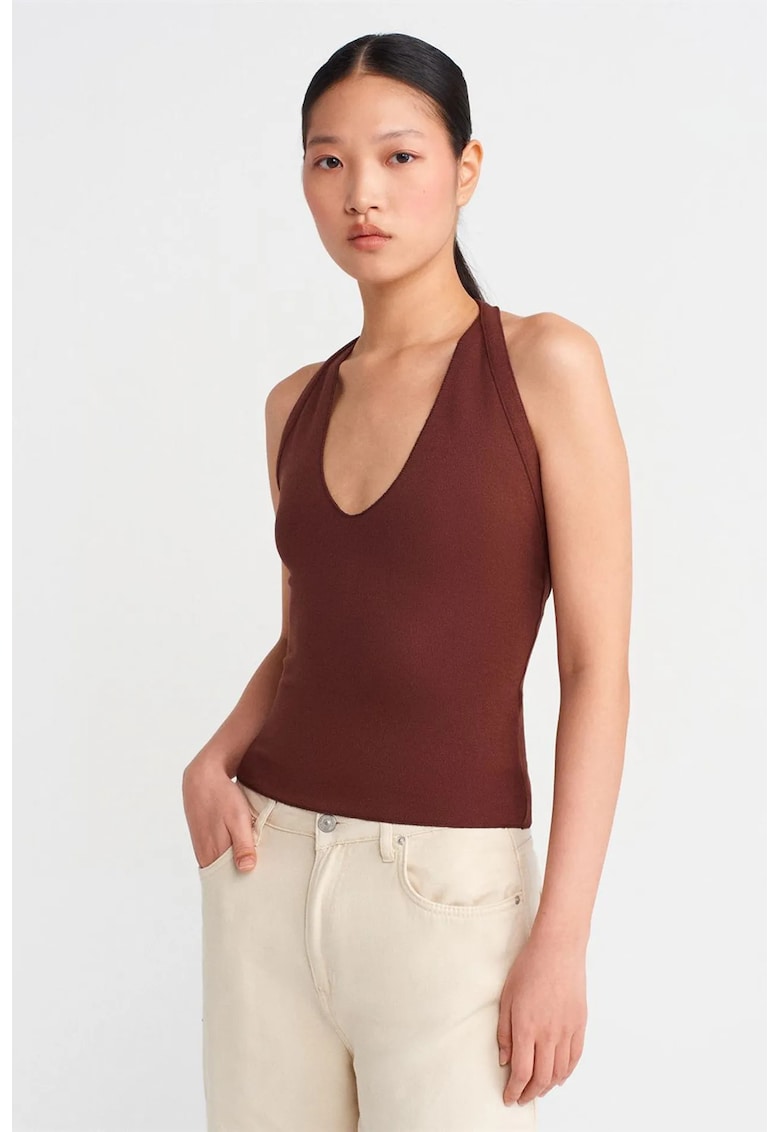 Bluza dama - Bluza Slim Fit cu guler Halterneck - decupaje - maro castaniu - viscoza