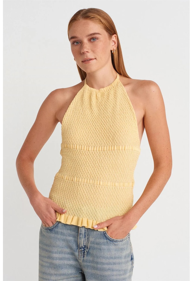 Bluza dama - slim fit - galben lamaie - detalii volanase - tricot din viscoza si poliamida -