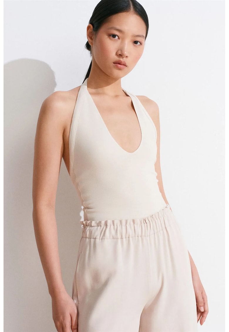 Bluza dama - Bluza Slim Fit cu guler Halterneck - decupaje - crem natural - viscoza