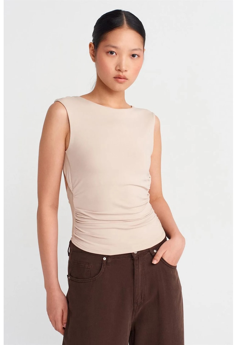 Bluza crop slim-fit - decupaj - bej natural - tricot subtire