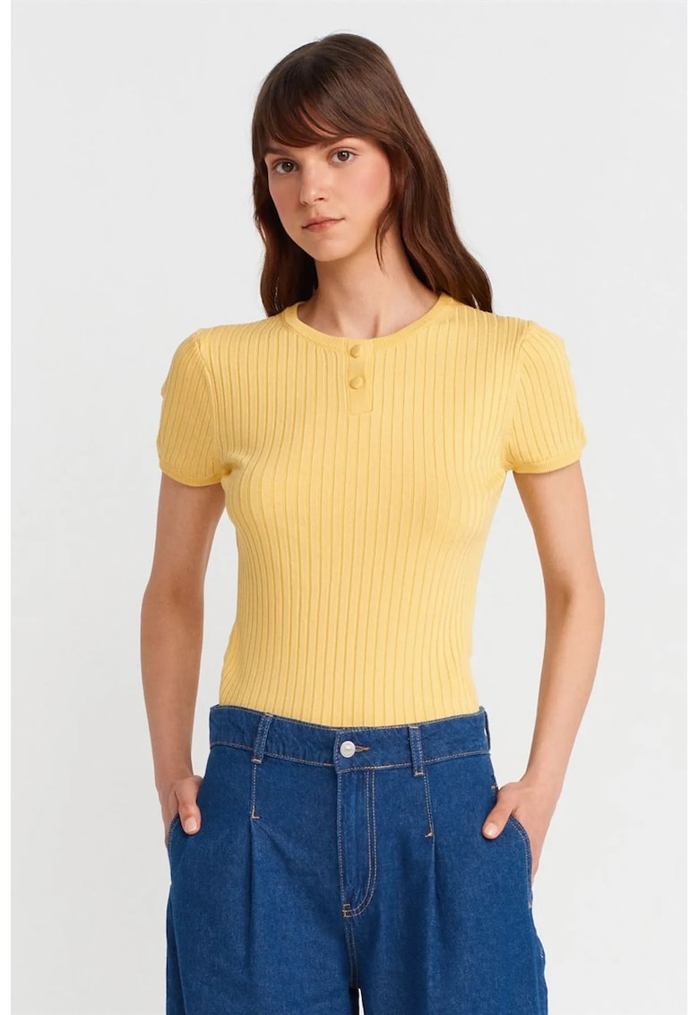 Bluza dama - Bluza cu nervuri - maneca scurta - galben lamaie - viscoza -