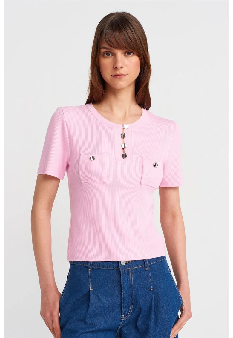 Bluza dama - regular fit - maneci scurte - roz pudrat - tricot din viscoza si poliamida -