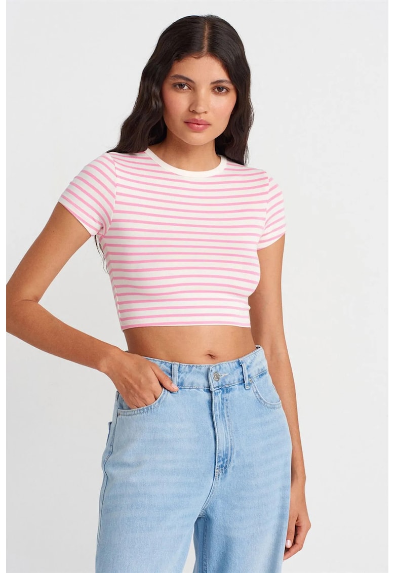 Bluza dama - crop - alb/roz - dungi - 96% viscoza - 4% elastan