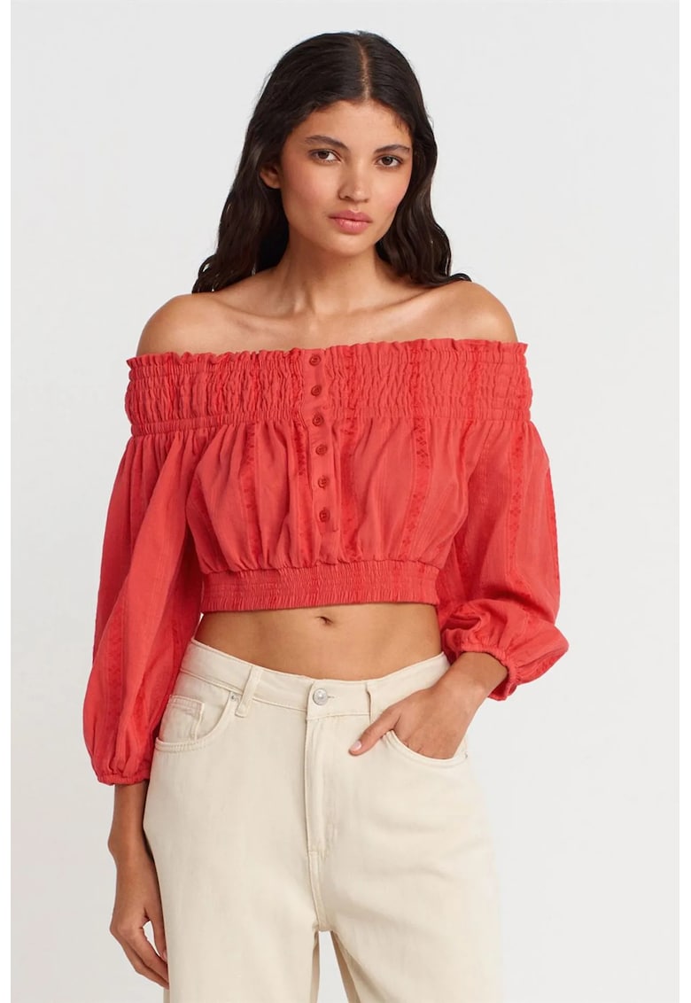 Bluza dama - crop - rosu - bumbac si viscoza - maneci lungi - decolteu off-shoulder