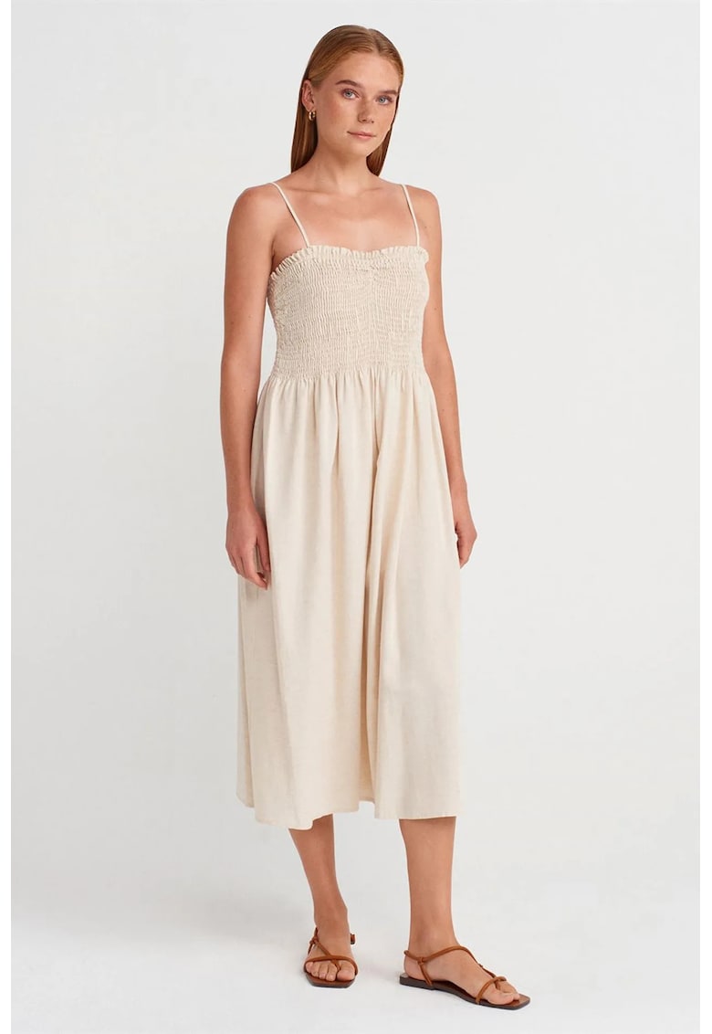 Rochie Midi Femei Crem Natural - Elastic - Fara Inchidere - 54% Viscoza/32% Bumbac/14% In