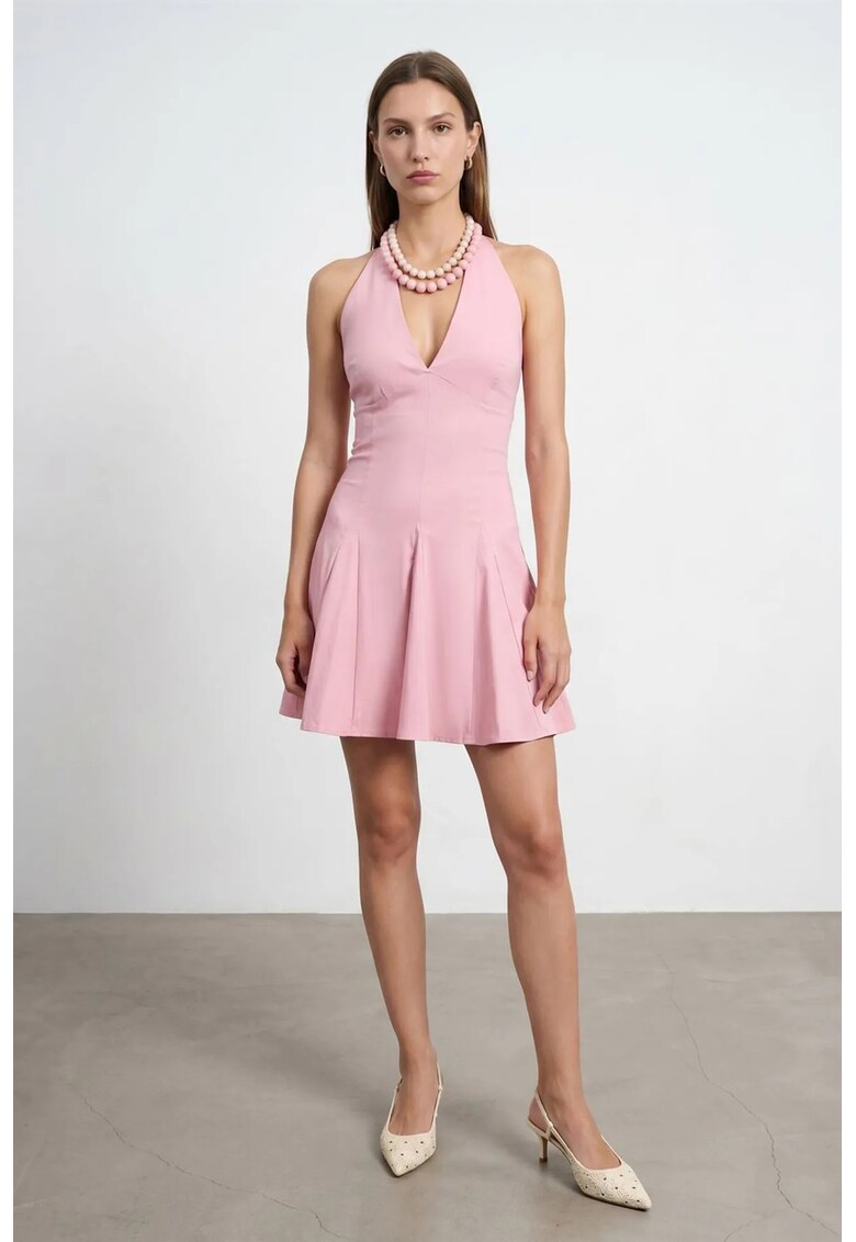 Rochie Mini - tip Skater - roz pudra - eleganta - cu guler halter - detalii cu snur - 70% viscoza