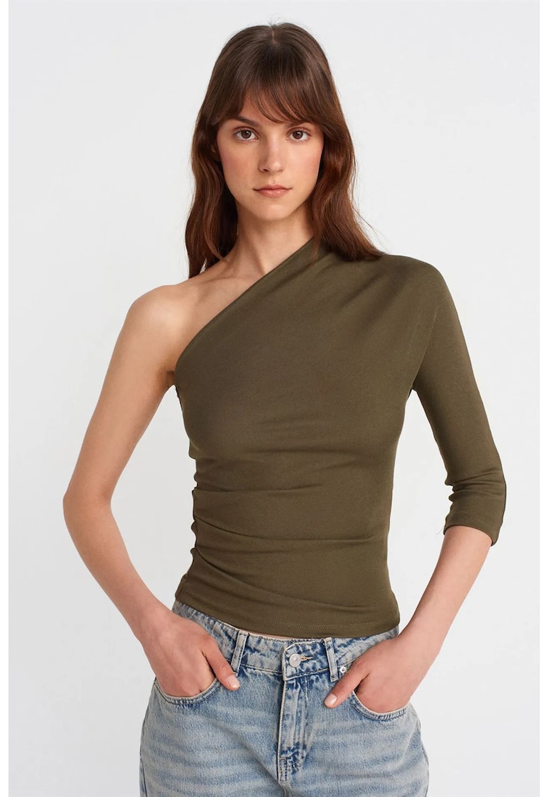 Bluza dama - cu umeri goi - croiala slim-fit - verde olive - bumbac/modal/elastan
