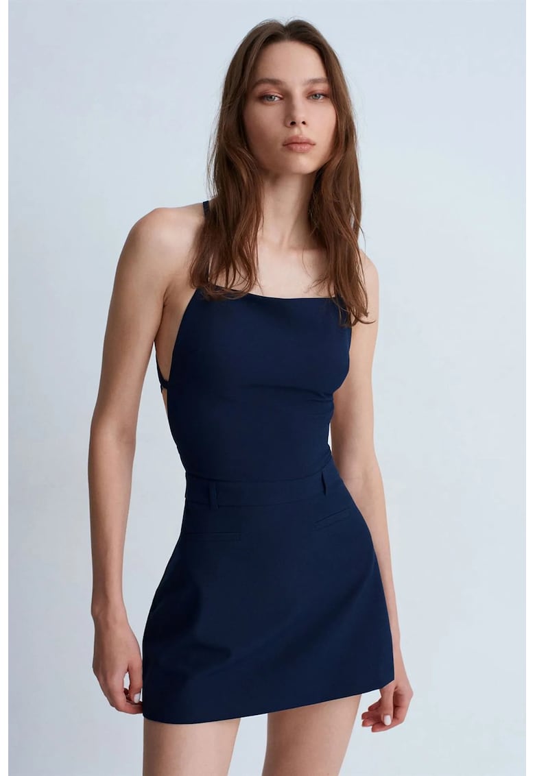 Rochie Mini Femei Albastru Marin - Croiala Mulata - Decolteu Patrat - Detaliu Decupat - Amestec Poliester/Viscoza/Elastan