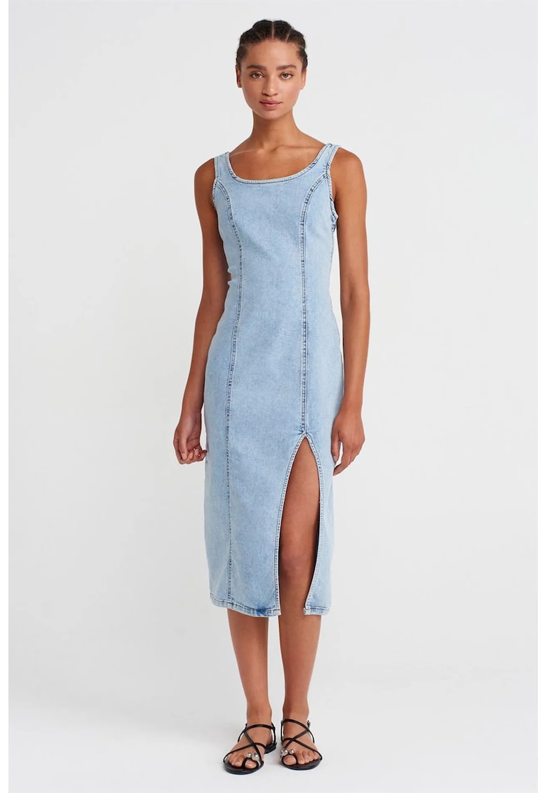 Rochie bodycon - denim albastru deschis - fara maneci - decolteu patrat - cu slit - pentru femei
