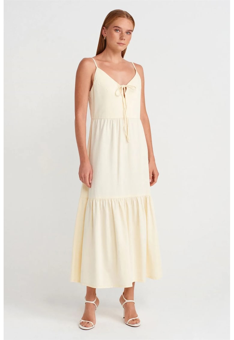 Rochie Maxi Femei - Casual - Decolteu in V - Crem Natural - Fara maneci