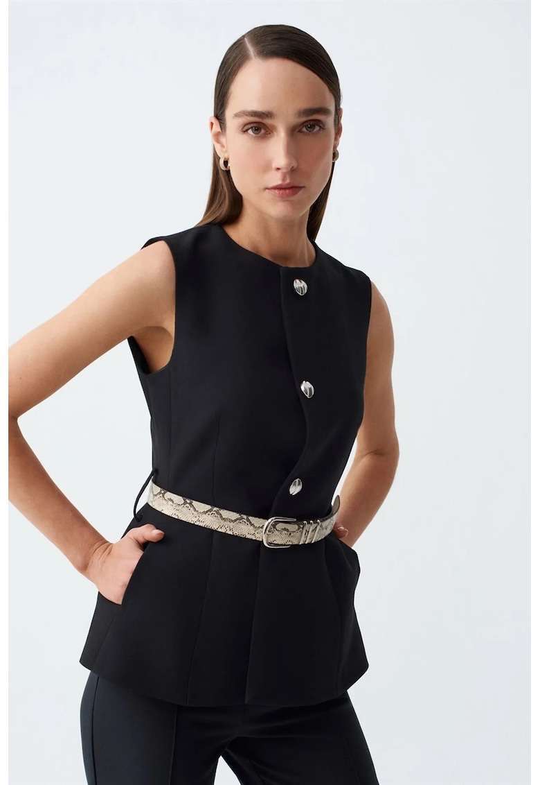 Vesta dama - crep - cu cordon - negru - casual