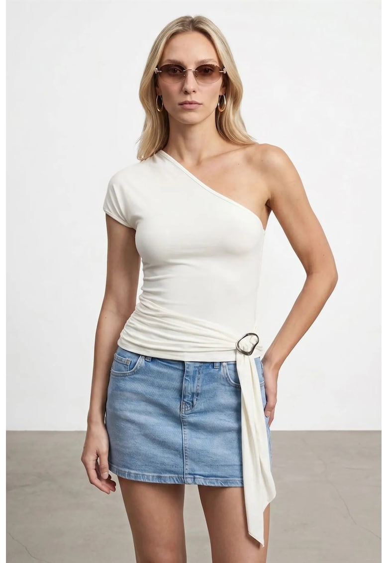 Bluza dama - Slim Fit - umeri goi - alb prafuit - jerseu