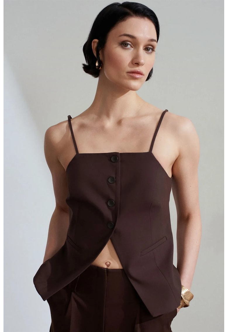 Vesta din Crep Cambrata cu Guler Patrat - Maro - Casual - Femei