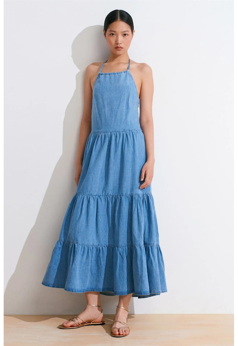 Rochie Midi - Denim Albastru Deschis-Mediu - Casual - Halter - 100% Bumbac