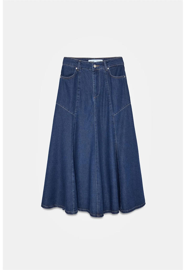 Fusta - Midi A-Line - din Denim - albastru inchis - casual