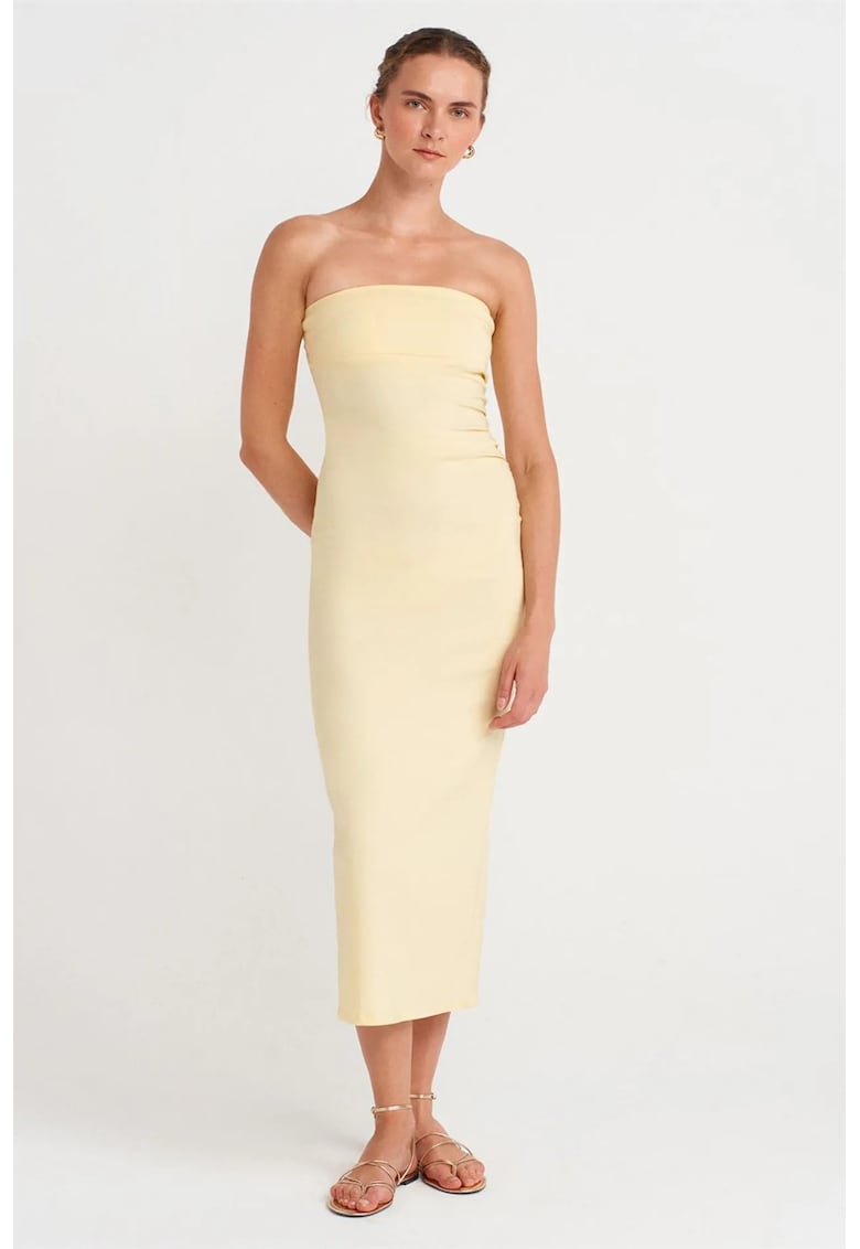 Rochie Midi - Bodycon - Fara bretele - Galben Lamaie