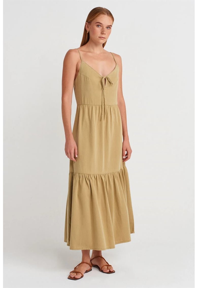 Rochie maxi tip A - decolteu in V - detaliu decupat - verde kaki - poplin