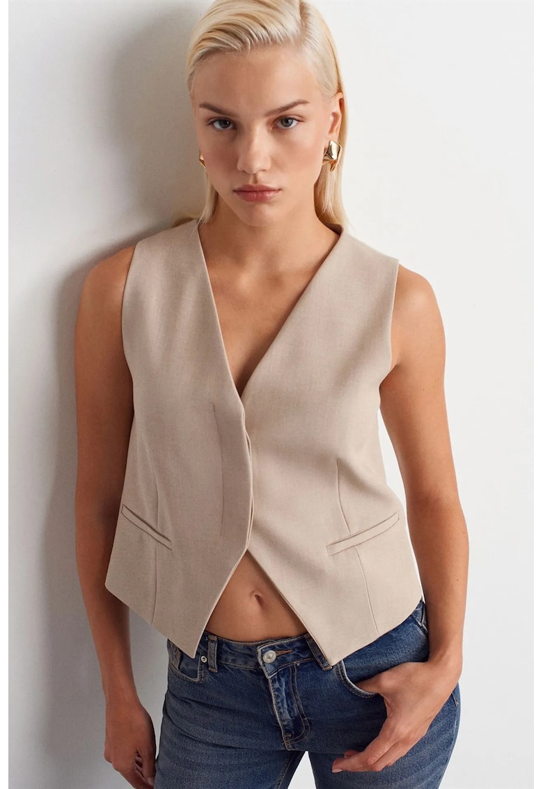 Vesta scurta - casual - bej natural - poliester si viscoza