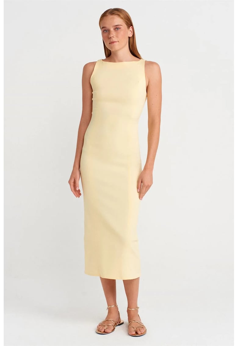 Rochie Midi Femei - Bodycon - Galben Lamaie - Fara Maneci - Cu Slit - 73% Viscoza