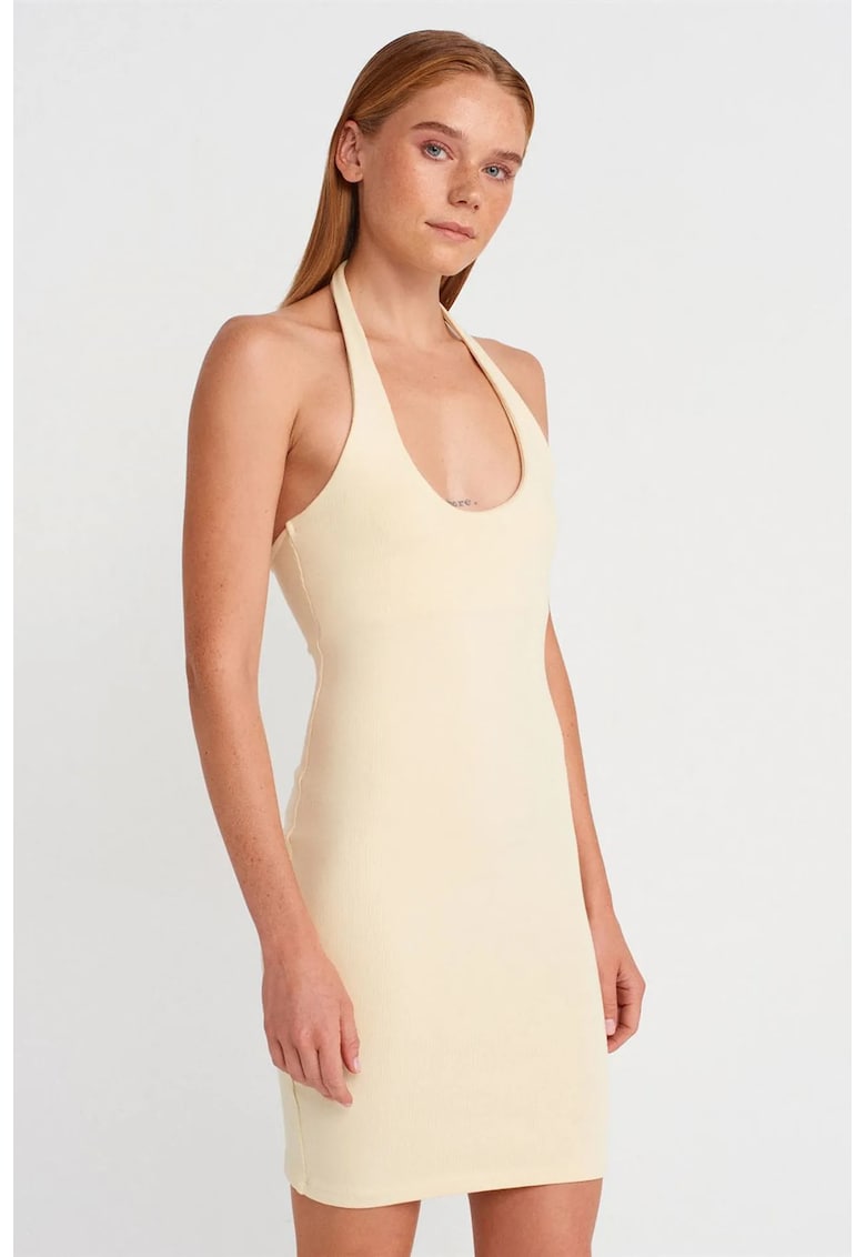 Rochie mini - bodycon - crem - bumbac cu elastan - fara maneci - decolteu halter