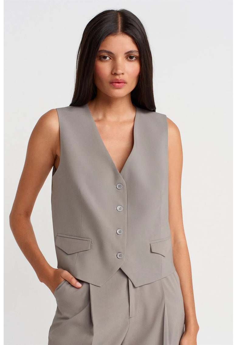 Vesta - casual - gri ardezie - tesatura creponata - decolteu in V - fara maneci