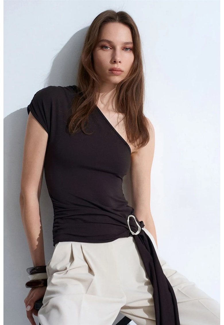 Bluza dama - slim fit - asimetric - negru - lyocell-bumbac-elastan