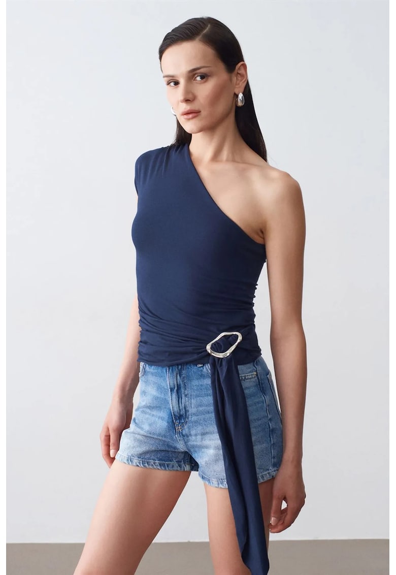 Bluza dama - slim fit - detaliu cu snur - bleumarin - amestec lyocell-bumbac-elastan