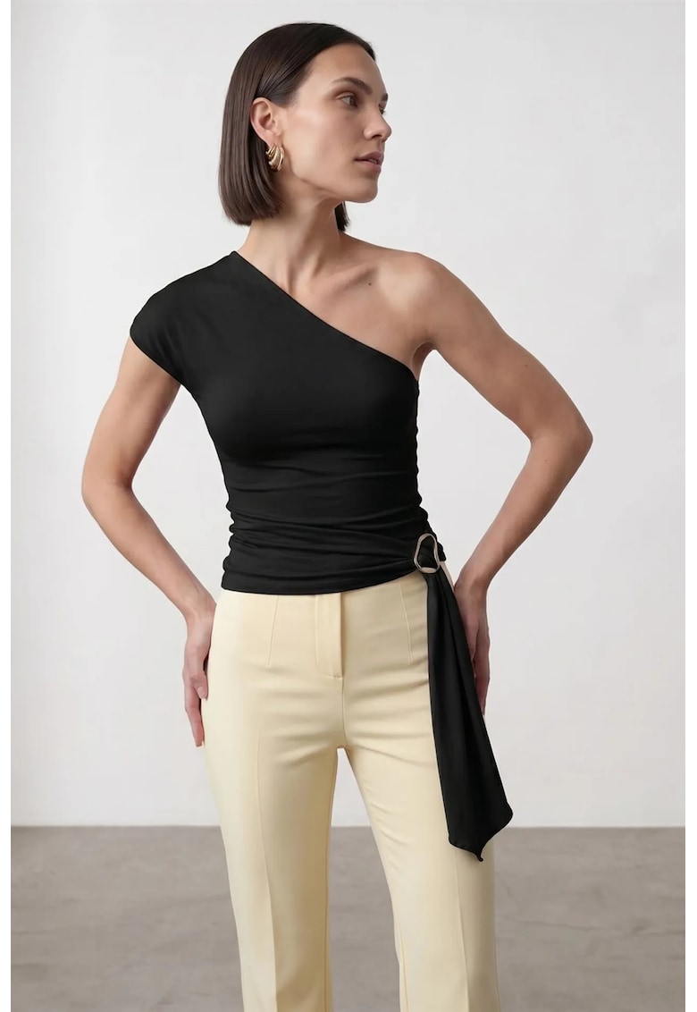 Bluza dama - slim fit - decolteu asimetric - negru - amestec lyocell-bumbac-elastan