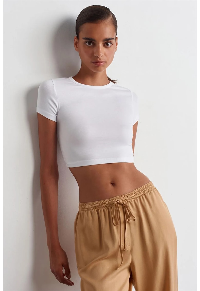 Tricouri dama - Tricou Crop Slim-Fit - maneca scurta - alb - 96% viscoza - 4% elastan