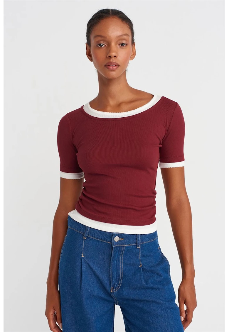 Tricou dama - crop - slim-fit - rosu burgundy - 100% bumbac