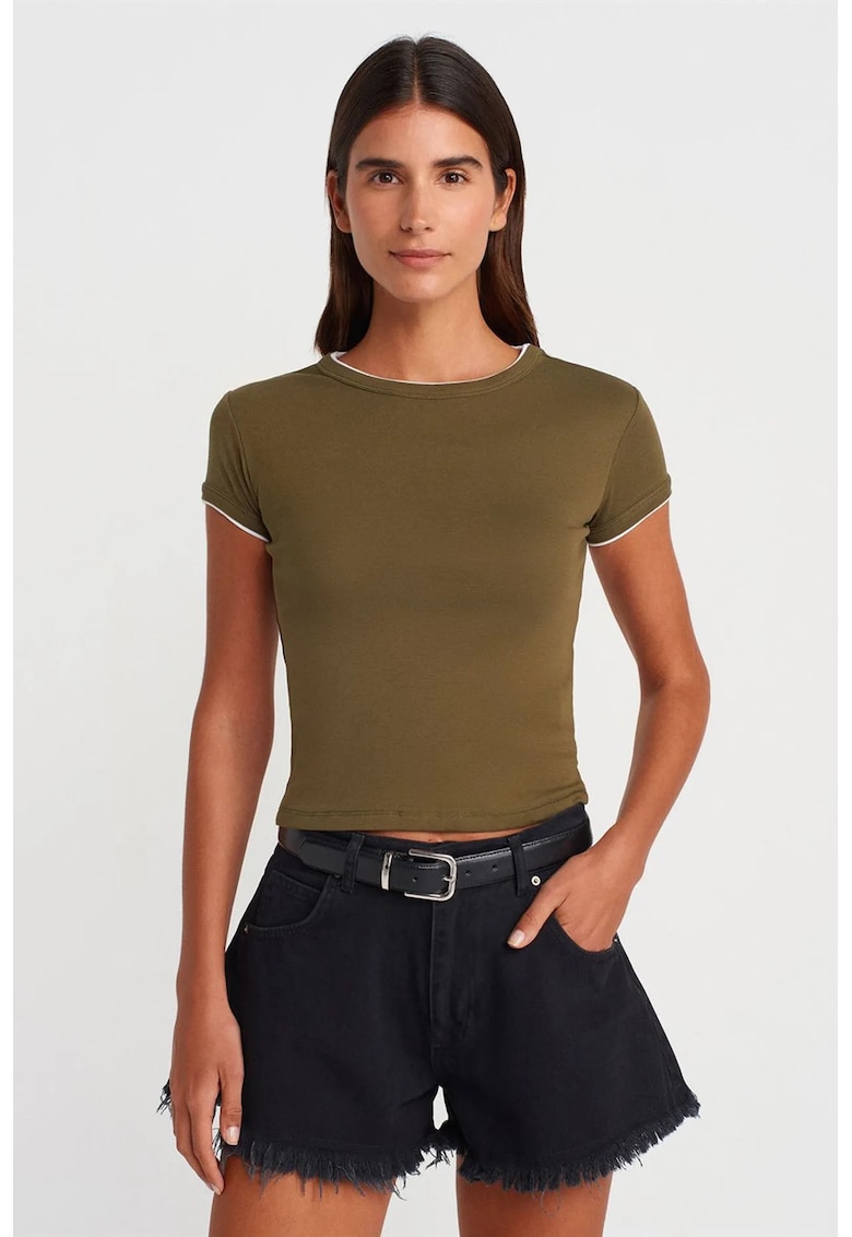 Tricou Crop Femei Slim Fit - Verde Kaki - Bumbac