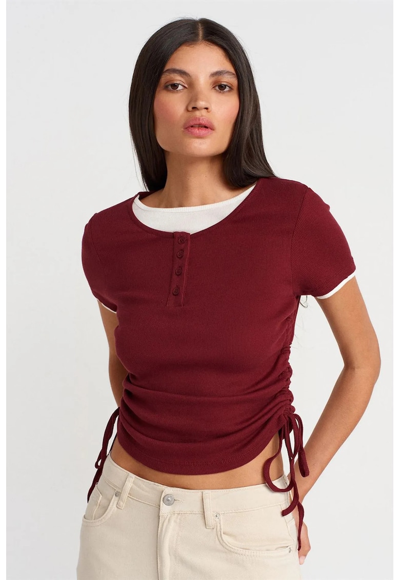 Tricou dama bumbac - slim fit - detalii cu snur - rosu burgundy
